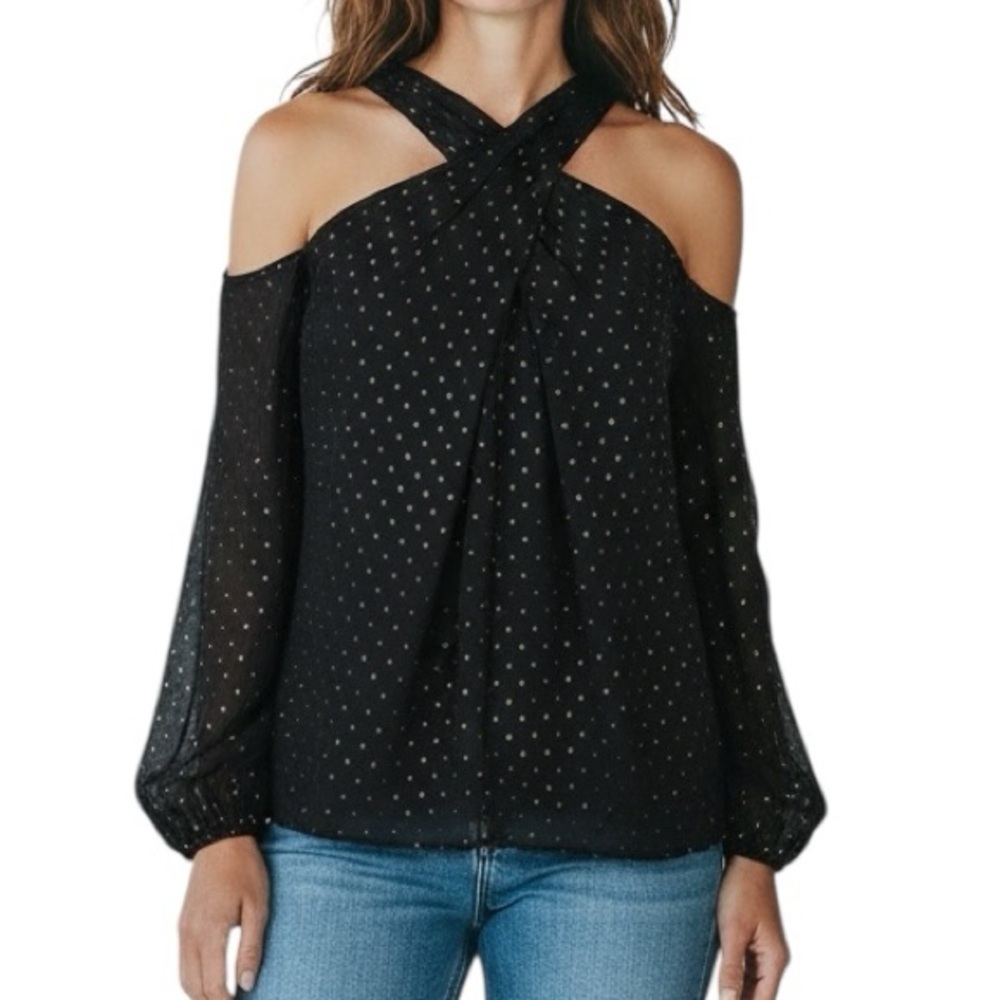 RAMY BROOK Black Polka Dot Long Sleeve Cold Shoulder Flowy Blouse Size Medium